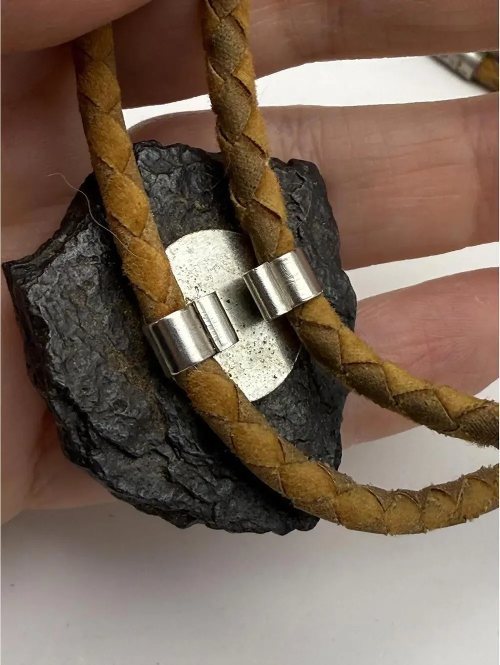 Vintage Braided Leather Bolo Tie with Black Stone Slide